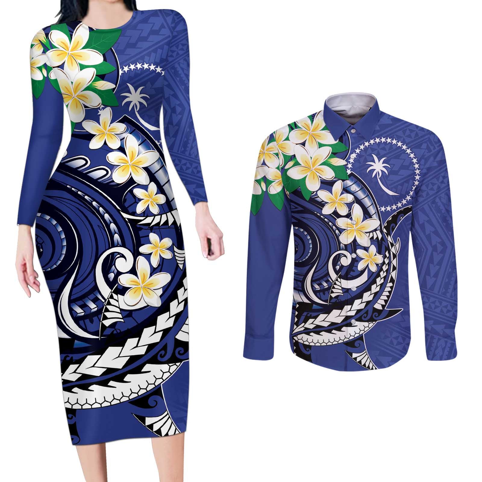 FSM Chuuk State Polynesian Shark Tattoo Personalised Couples Matching Long Sleeve Bodycon Dress and Long Sleeve Button Shirt LT9 Blue - Polynesian Pride