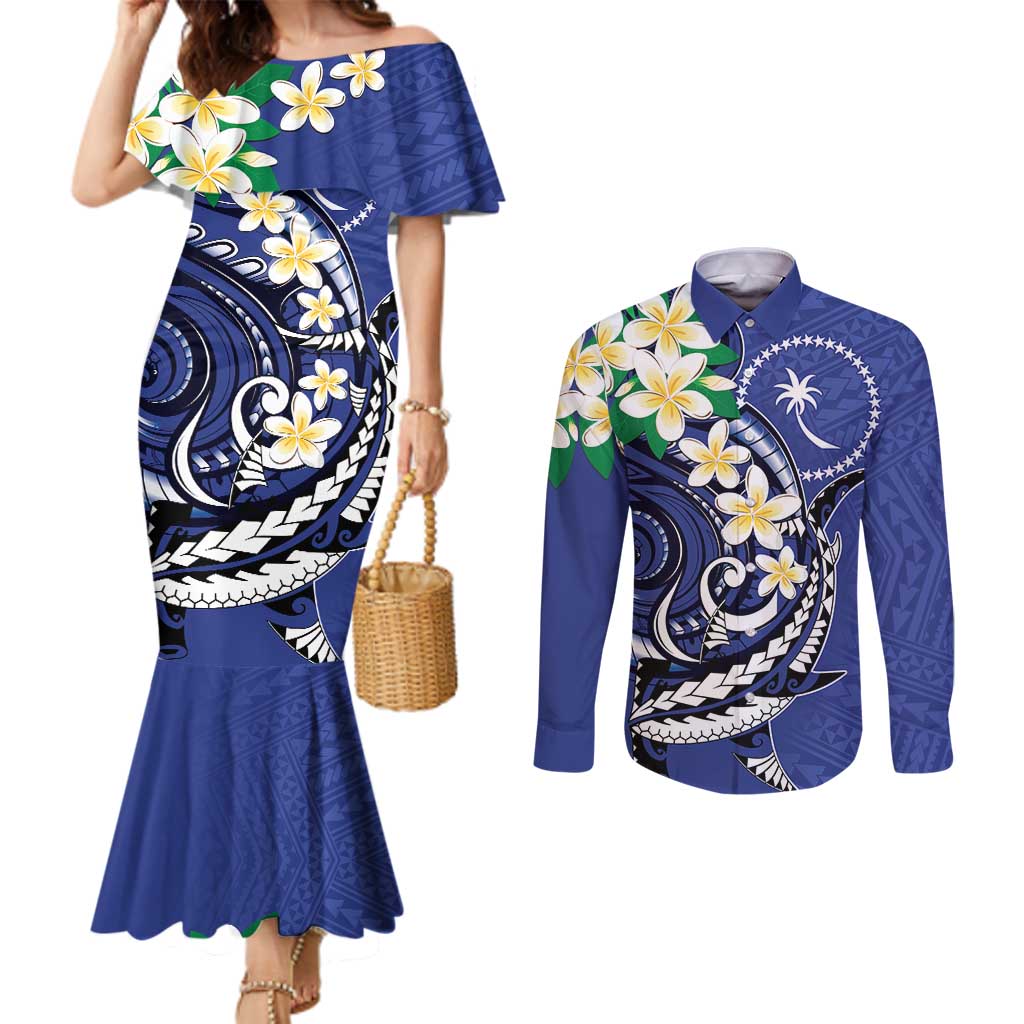 FSM Chuuk State Polynesian Shark Tattoo Personalised Couples Matching Mermaid Dress and Long Sleeve Button Shirt LT9 Blue - Polynesian Pride