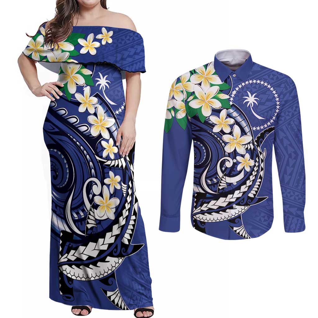 FSM Chuuk State Polynesian Shark Tattoo Personalised Couples Matching Off Shoulder Maxi Dress and Long Sleeve Button Shirt LT9 Blue - Polynesian Pride