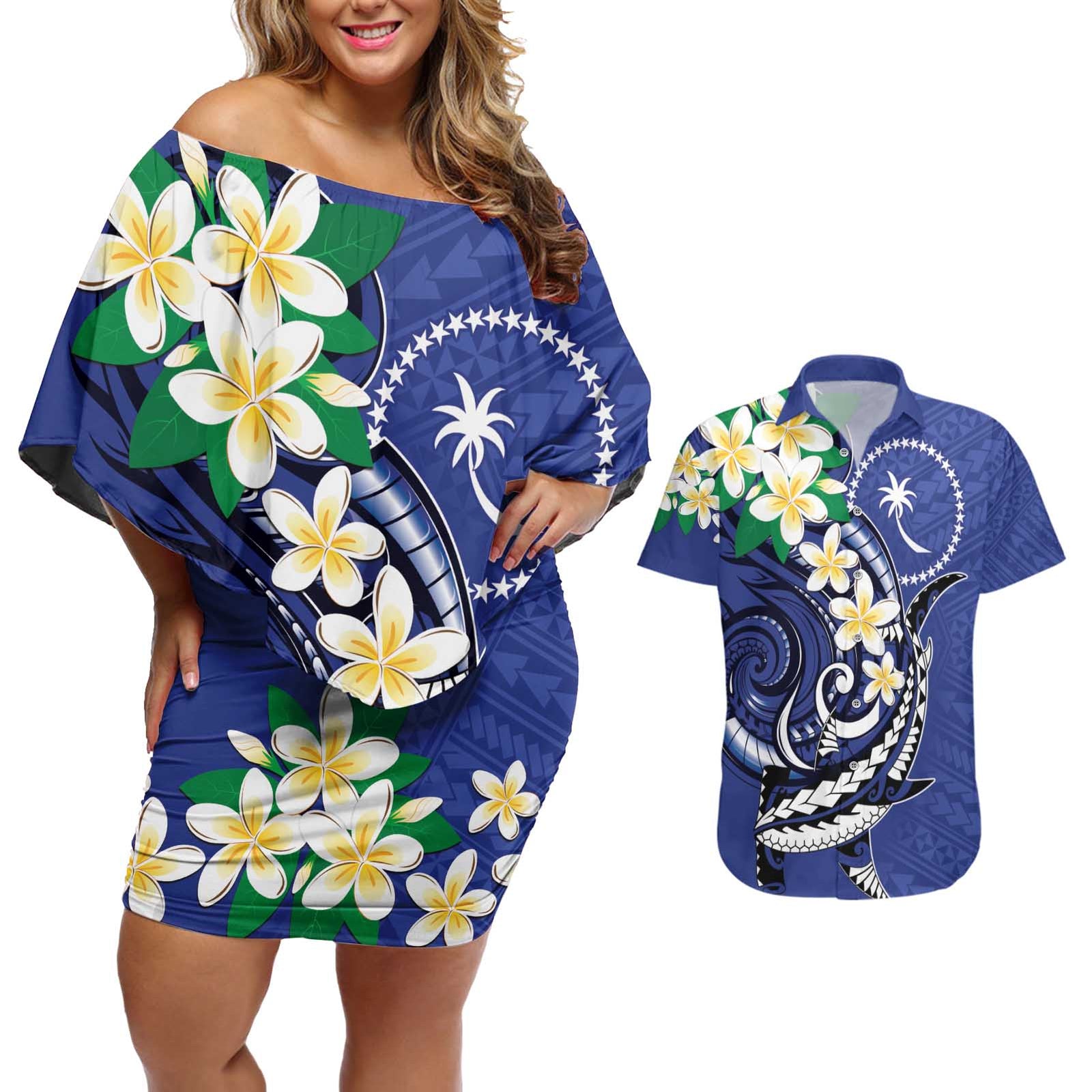 FSM Chuuk State Polynesian Shark Tattoo Personalised Couples Matching Off Shoulder Short Dress and Hawaiian Shirt LT9 Blue - Polynesian Pride
