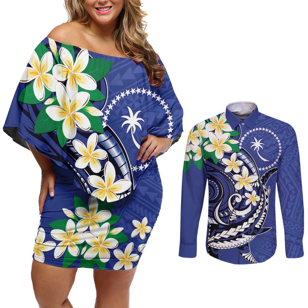 FSM Chuuk State Polynesian Shark Tattoo Personalised Couples Matching Off Shoulder Short Dress and Long Sleeve Button Shirt LT9 Blue - Polynesian Pride