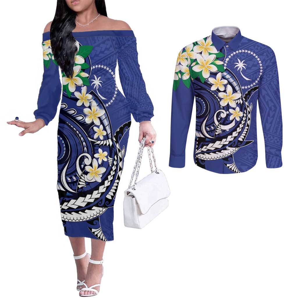 FSM Chuuk State Polynesian Shark Tattoo Personalised Couples Matching Off The Shoulder Long Sleeve Dress and Long Sleeve Button Shirt LT9 Blue - Polynesian Pride