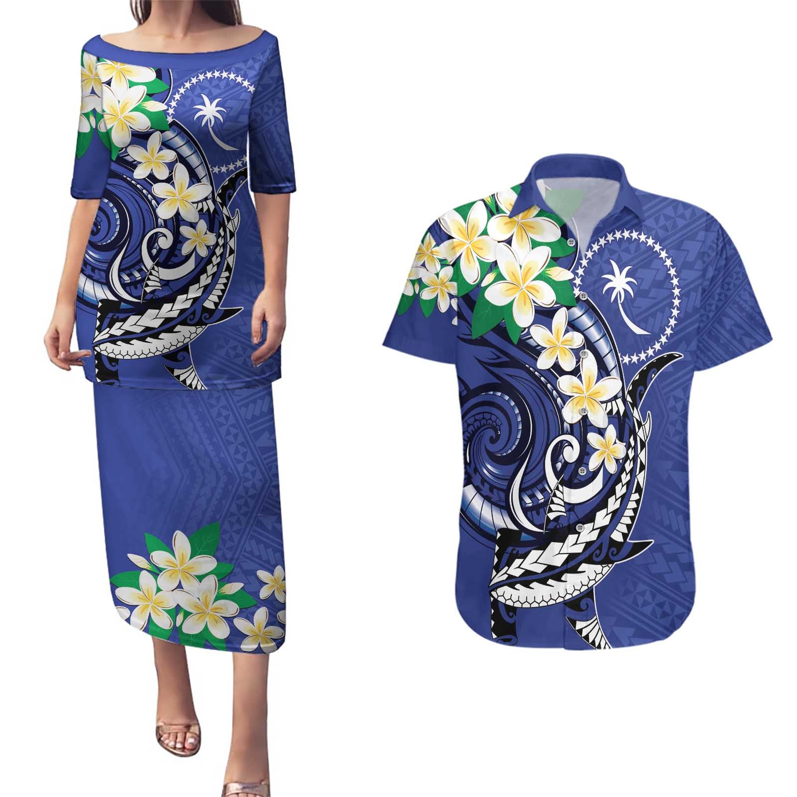 FSM Chuuk State Polynesian Shark Tattoo Personalised Couples Matching Puletasi and Hawaiian Shirt LT9 Blue - Polynesian Pride