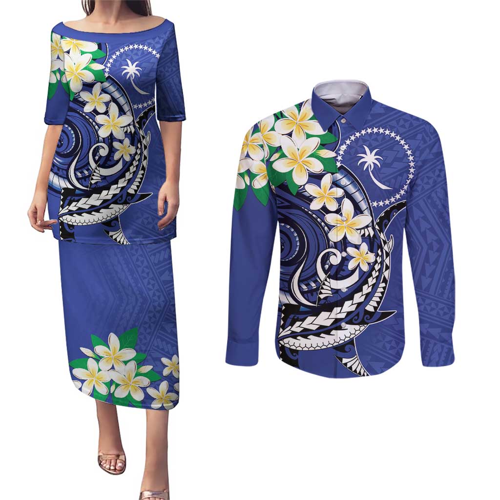 FSM Chuuk State Polynesian Shark Tattoo Personalised Couples Matching Puletasi and Long Sleeve Button Shirt LT9 Blue - Polynesian Pride