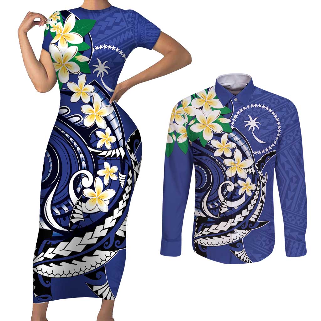 FSM Chuuk State Polynesian Shark Tattoo Personalised Couples Matching Short Sleeve Bodycon Dress and Long Sleeve Button Shirt LT9 Blue - Polynesian Pride
