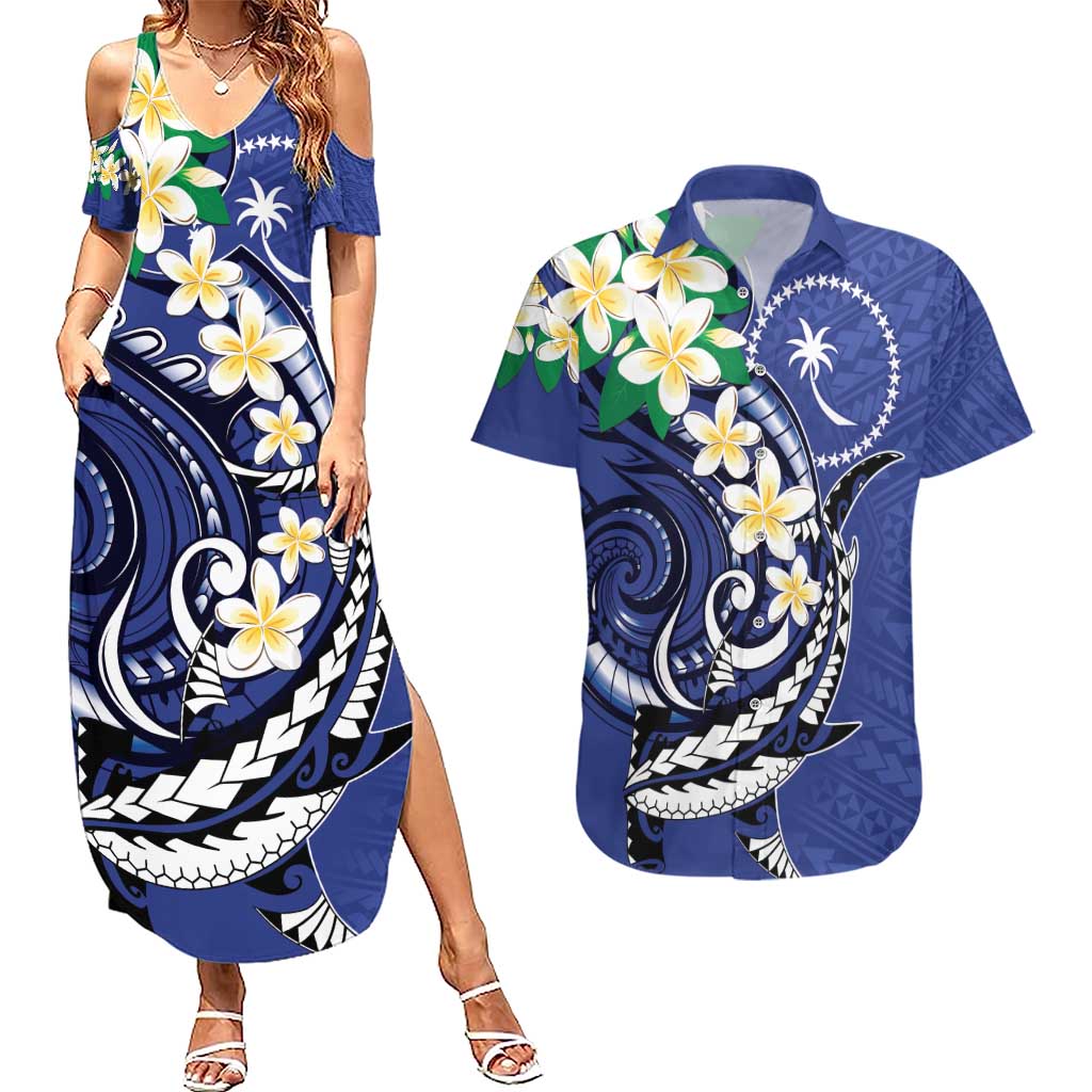 FSM Chuuk State Polynesian Shark Tattoo Personalised Couples Matching Summer Maxi Dress and Hawaiian Shirt LT9 Blue - Polynesian Pride