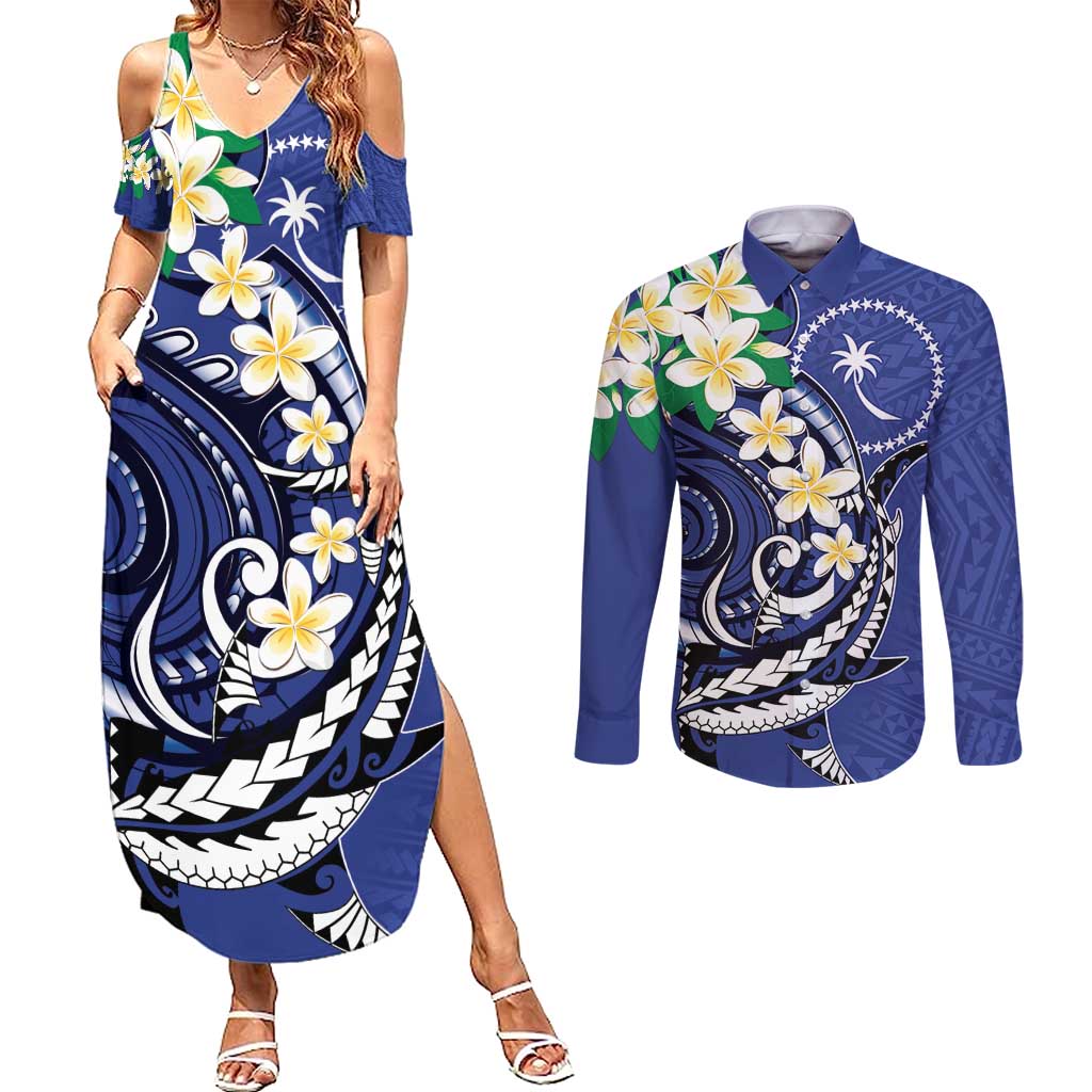 FSM Chuuk State Polynesian Shark Tattoo Personalised Couples Matching Summer Maxi Dress and Long Sleeve Button Shirt LT9 Blue - Polynesian Pride