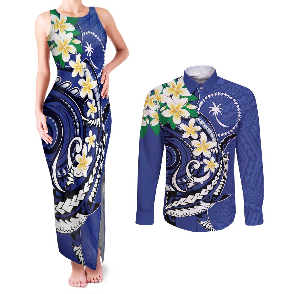 FSM Chuuk State Polynesian Shark Tattoo Personalised Couples Matching Tank Maxi Dress and Long Sleeve Button Shirt LT9 Blue - Polynesian Pride