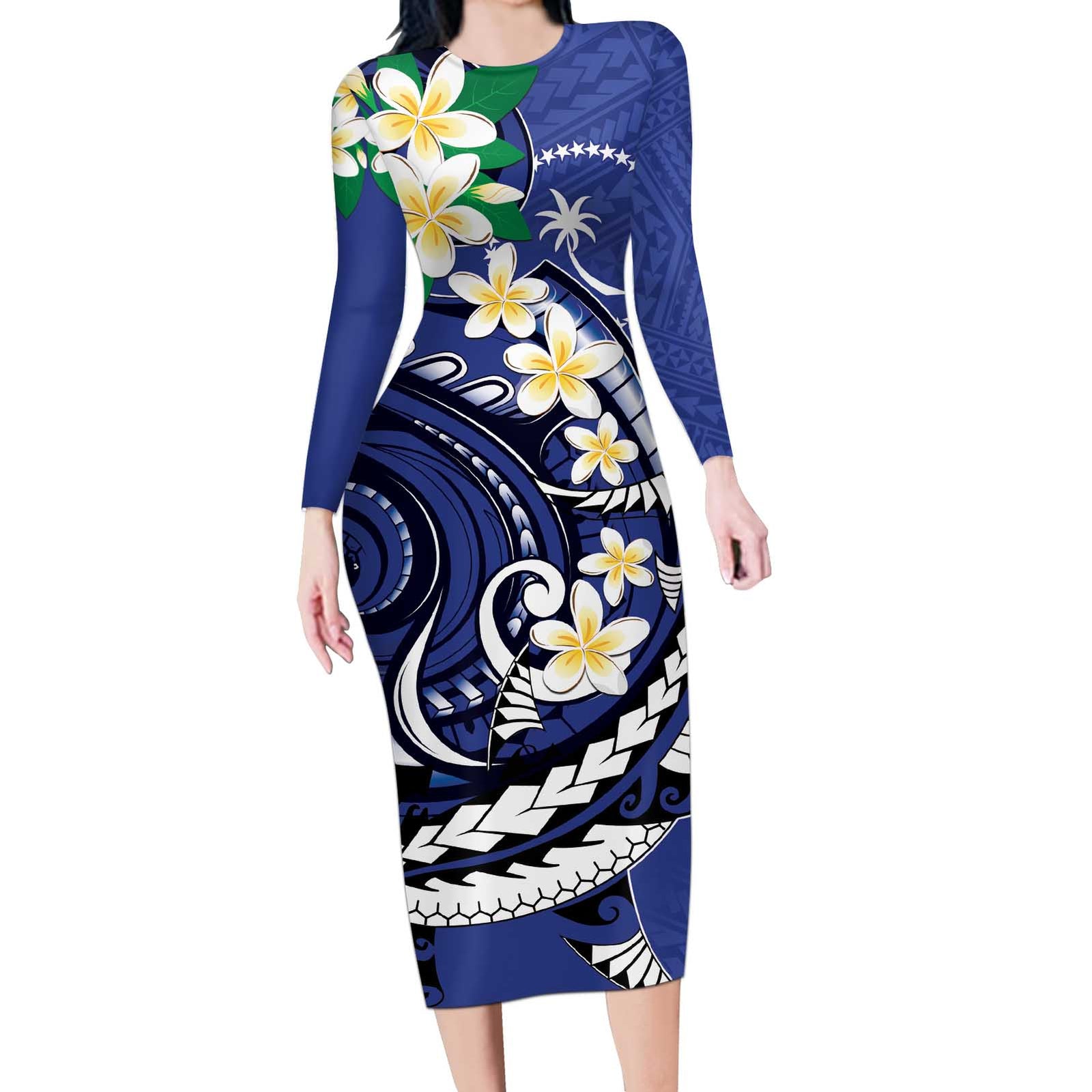 FSM Chuuk State Polynesian Shark Tattoo Personalised Long Sleeve Bodycon Dress LT9 Long Dress Blue - Polynesian Pride