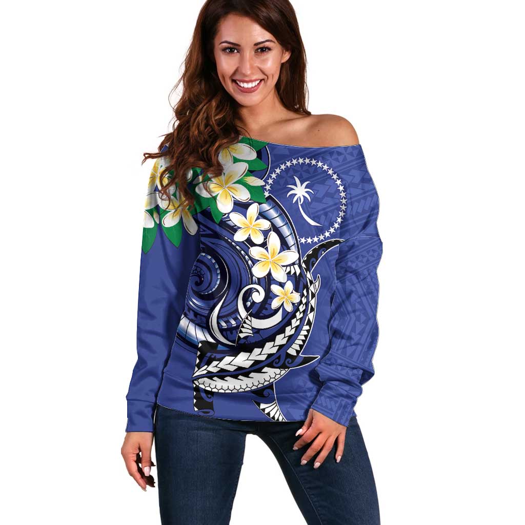 FSM Chuuk State Polynesian Shark Tattoo Personalised Off Shoulder Sweater LT9 Women Blue - Polynesian Pride