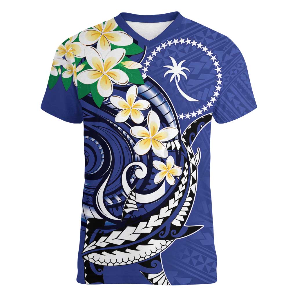 FSM Chuuk State Polynesian Shark Tattoo Personalised Women V-Neck T-Shirt LT9 Female Blue - Polynesian Pride