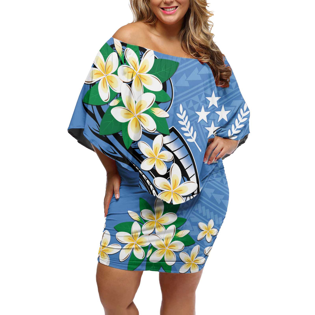 FSM Kosrae Polynesian Shark Tattoo Personalised Off Shoulder Short Dress