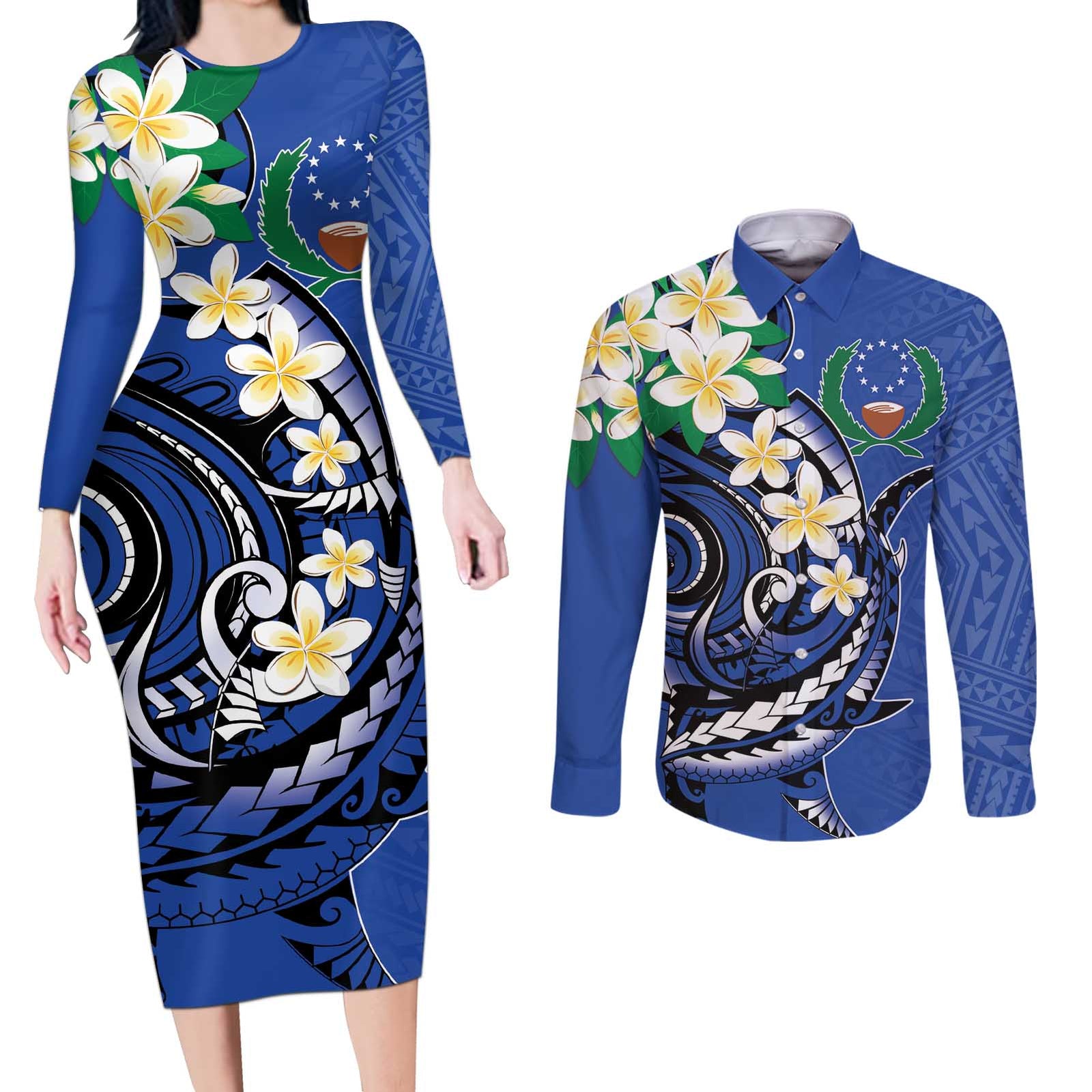 FSM Pohnpei Polynesian Shark Tattoo Personalised Couples Matching Long Sleeve Bodycon Dress and Long Sleeve Button Shirt LT9 Blue - Polynesian Pride