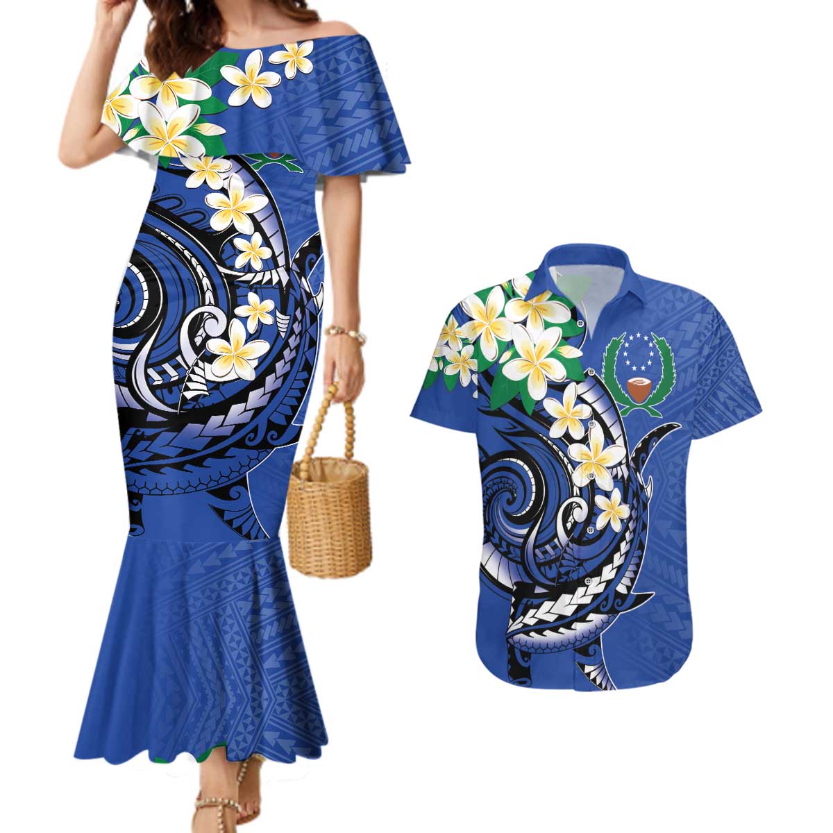 FSM Pohnpei Polynesian Shark Tattoo Personalised Couples Matching Mermaid Dress and Hawaiian Shirt LT9 Blue - Polynesian Pride