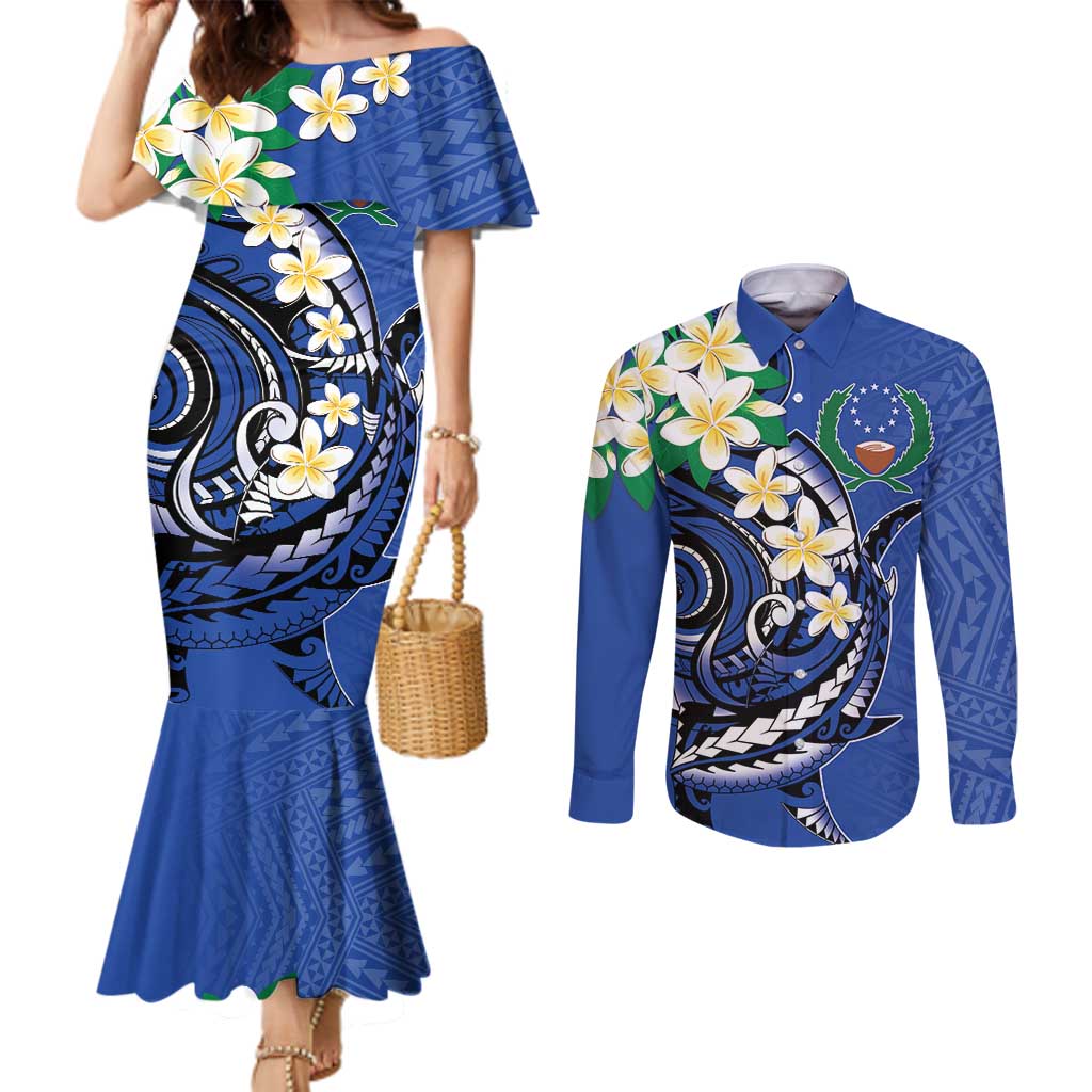 FSM Pohnpei Polynesian Shark Tattoo Personalised Couples Matching Mermaid Dress and Long Sleeve Button Shirt LT9 Blue - Polynesian Pride