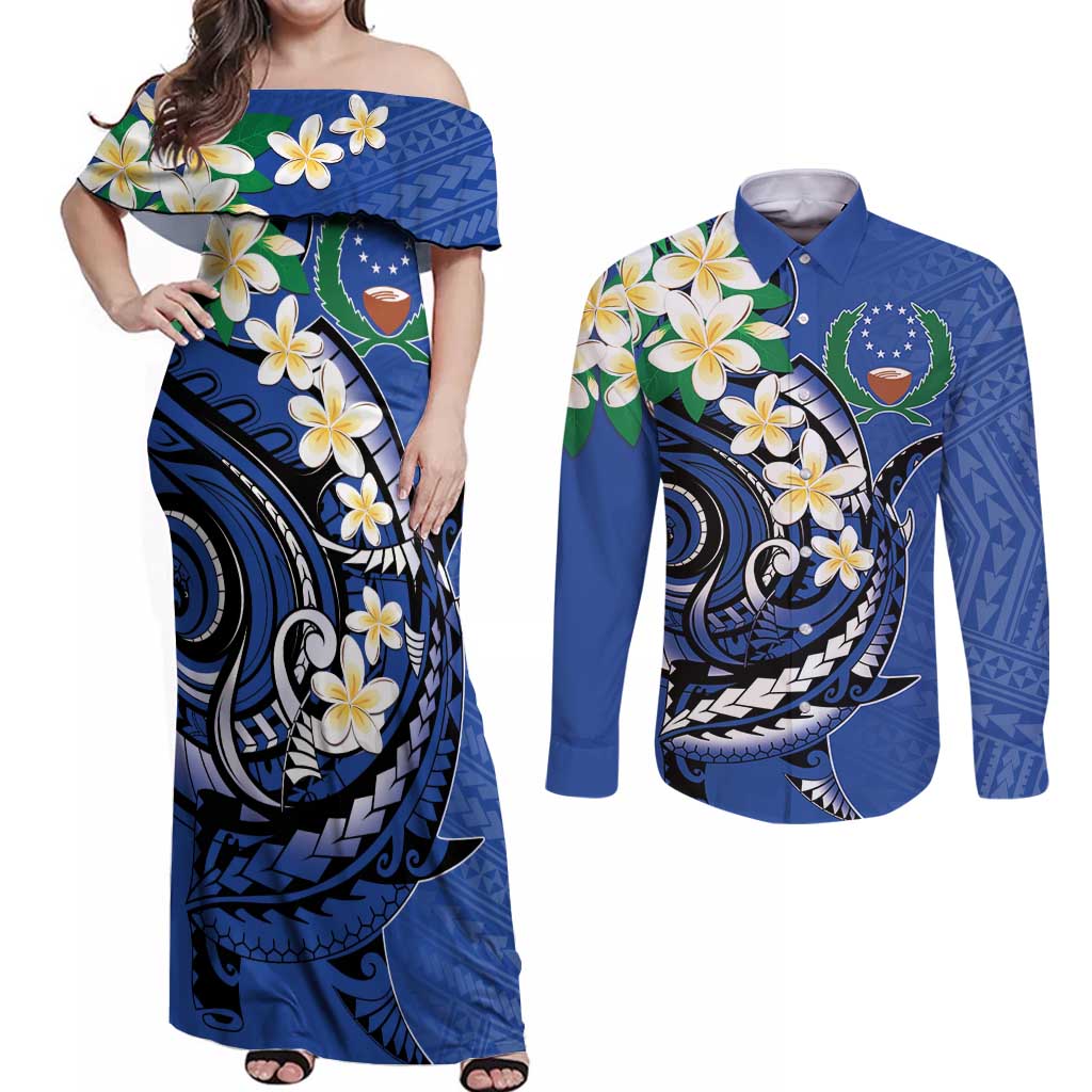 FSM Pohnpei Polynesian Shark Tattoo Personalised Couples Matching Off Shoulder Maxi Dress and Long Sleeve Button Shirt LT9 Blue - Polynesian Pride