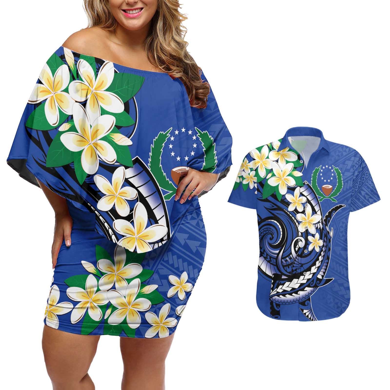 FSM Pohnpei Polynesian Shark Tattoo Personalised Couples Matching Off Shoulder Short Dress and Hawaiian Shirt LT9 Blue - Polynesian Pride
