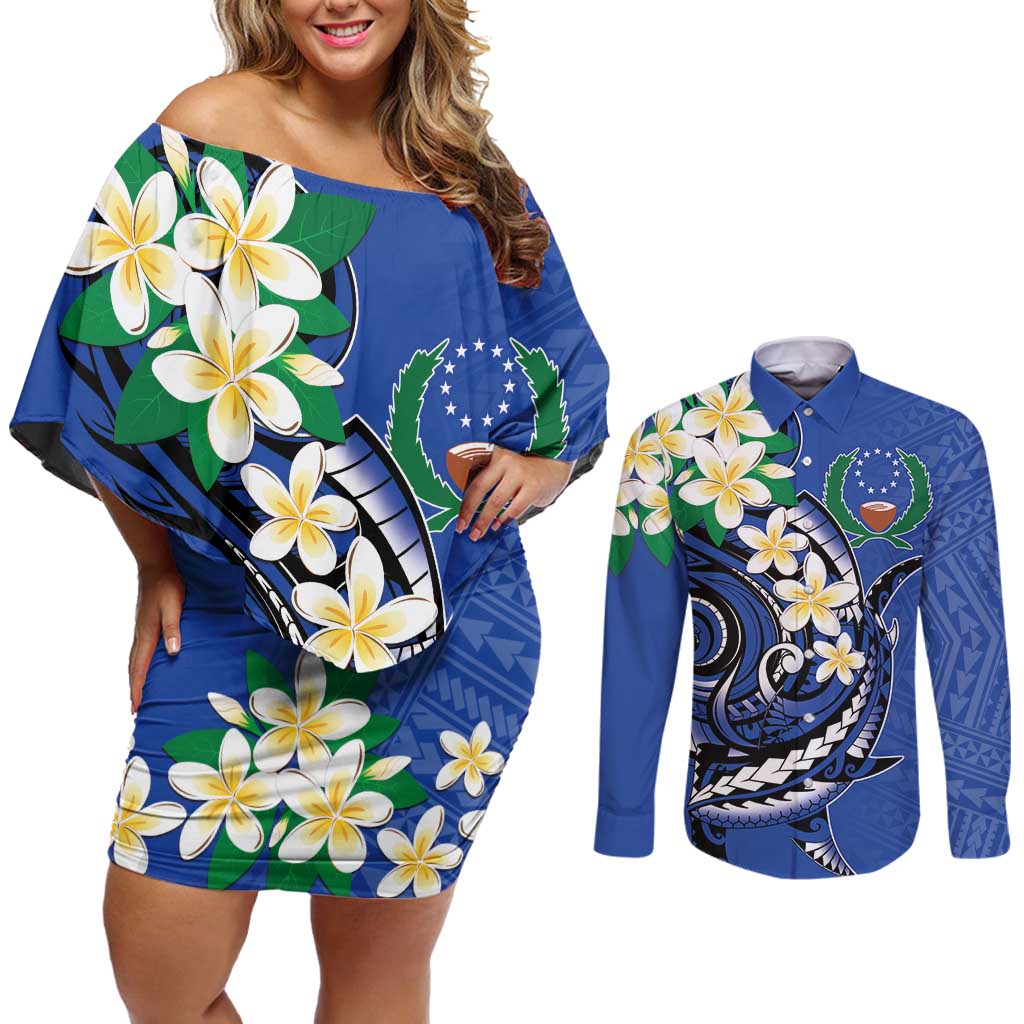 FSM Pohnpei Polynesian Shark Tattoo Personalised Couples Matching Off Shoulder Short Dress and Long Sleeve Button Shirt LT9 Blue - Polynesian Pride