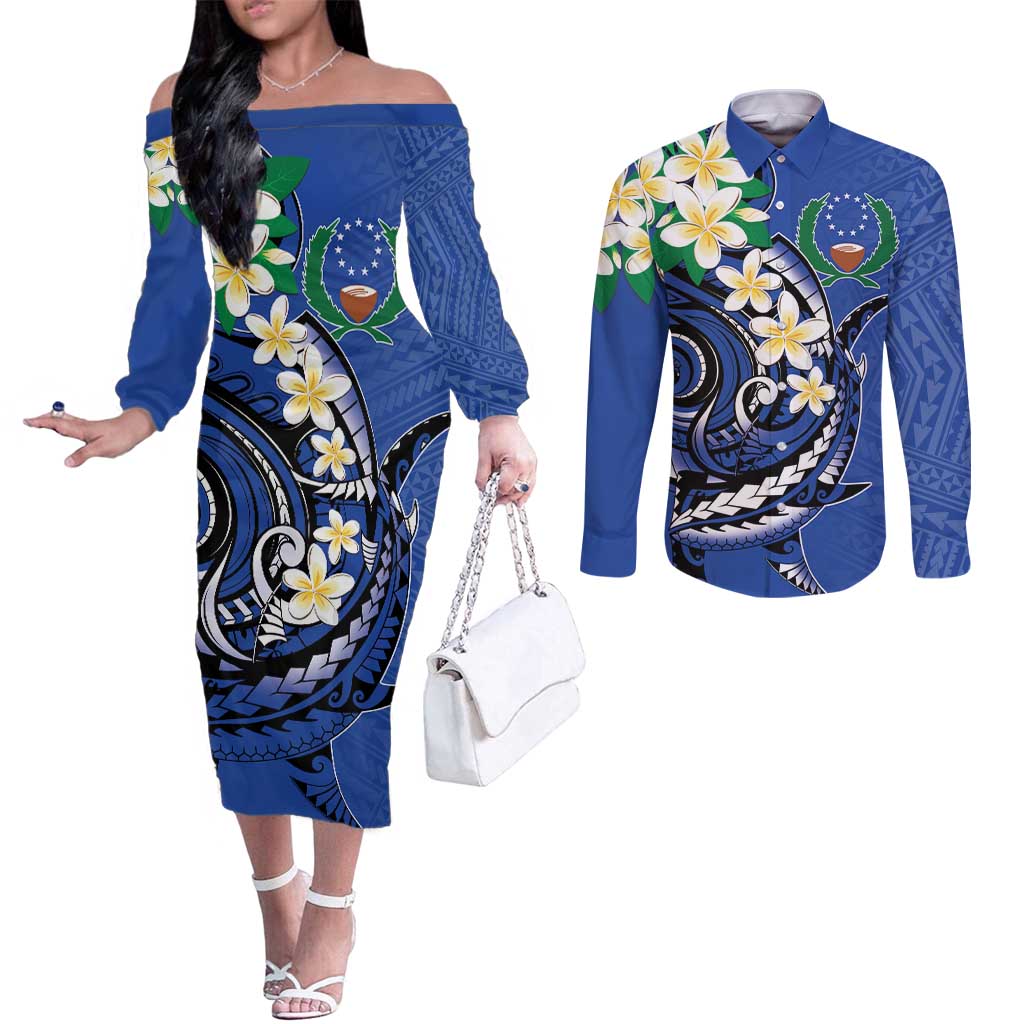 FSM Pohnpei Polynesian Shark Tattoo Personalised Couples Matching Off The Shoulder Long Sleeve Dress and Long Sleeve Button Shirt LT9 Blue - Polynesian Pride