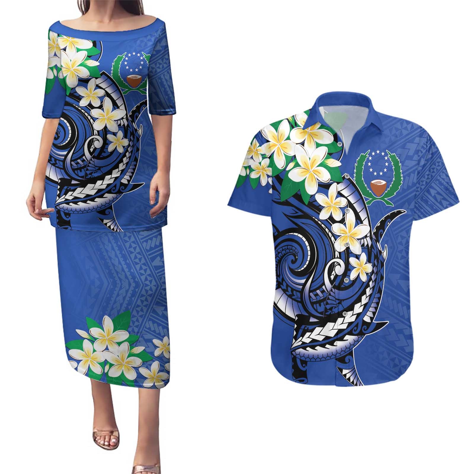 FSM Pohnpei Polynesian Shark Tattoo Personalised Couples Matching Puletasi and Hawaiian Shirt LT9 Blue - Polynesian Pride