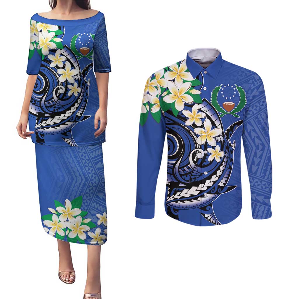 FSM Pohnpei Polynesian Shark Tattoo Personalised Couples Matching Puletasi and Long Sleeve Button Shirt LT9 Blue - Polynesian Pride