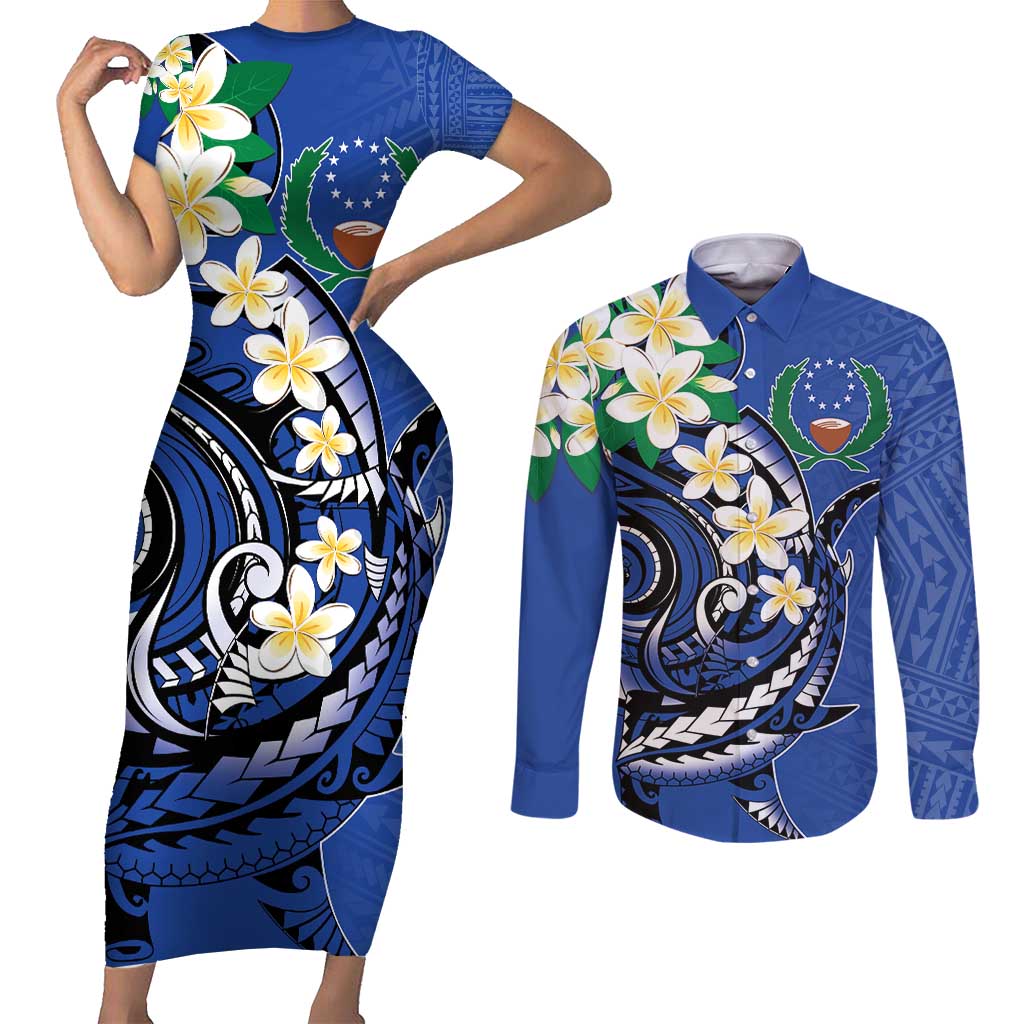 FSM Pohnpei Polynesian Shark Tattoo Personalised Couples Matching Short Sleeve Bodycon Dress and Long Sleeve Button Shirt LT9 Blue - Polynesian Pride