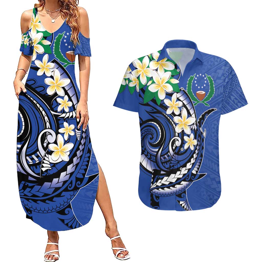 FSM Pohnpei Polynesian Shark Tattoo Personalised Couples Matching Summer Maxi Dress and Hawaiian Shirt LT9 Blue - Polynesian Pride