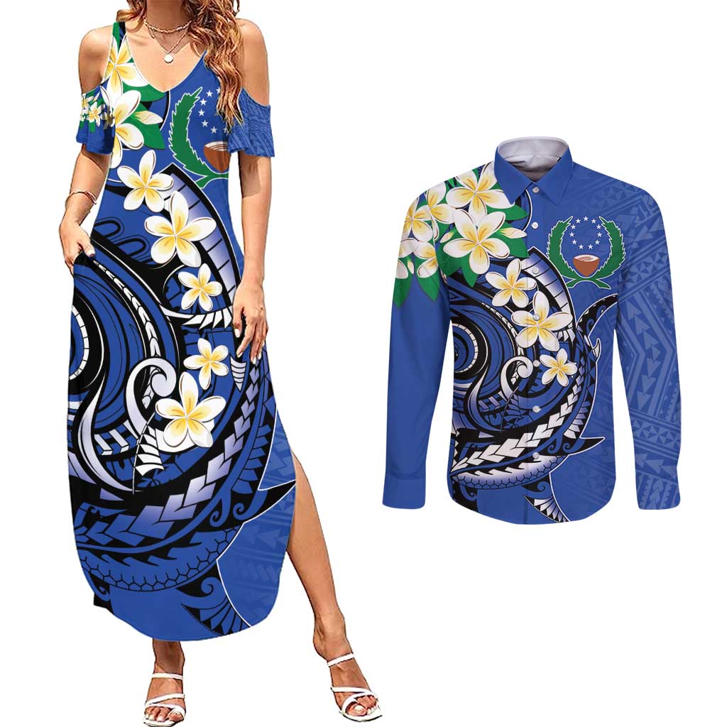 FSM Pohnpei Polynesian Shark Tattoo Personalised Couples Matching Summer Maxi Dress and Long Sleeve Button Shirt LT9 Blue - Polynesian Pride
