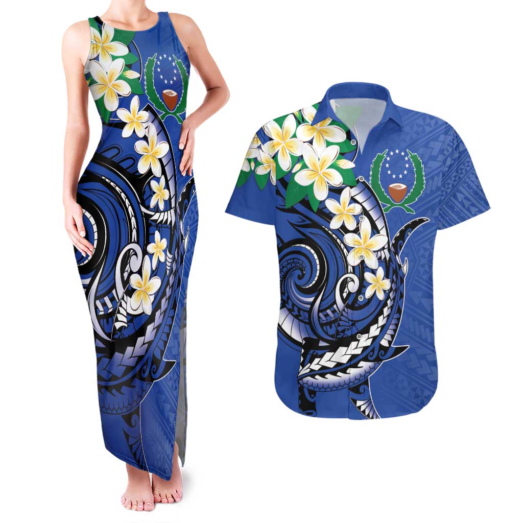 FSM Pohnpei Polynesian Shark Tattoo Personalised Couples Matching Tank Maxi Dress and Hawaiian Shirt LT9 Blue - Polynesian Pride
