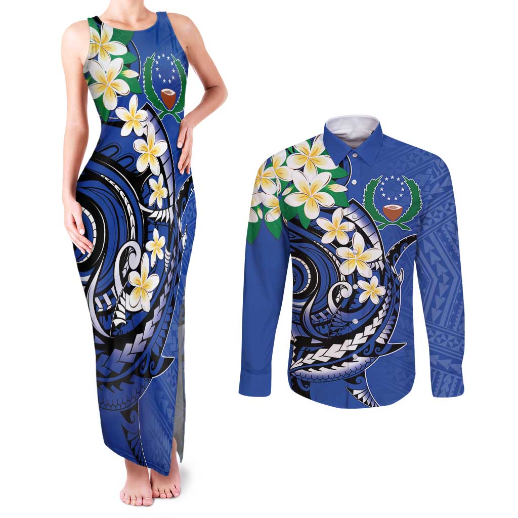 FSM Pohnpei Polynesian Shark Tattoo Personalised Couples Matching Tank Maxi Dress and Long Sleeve Button Shirt LT9 Blue - Polynesian Pride