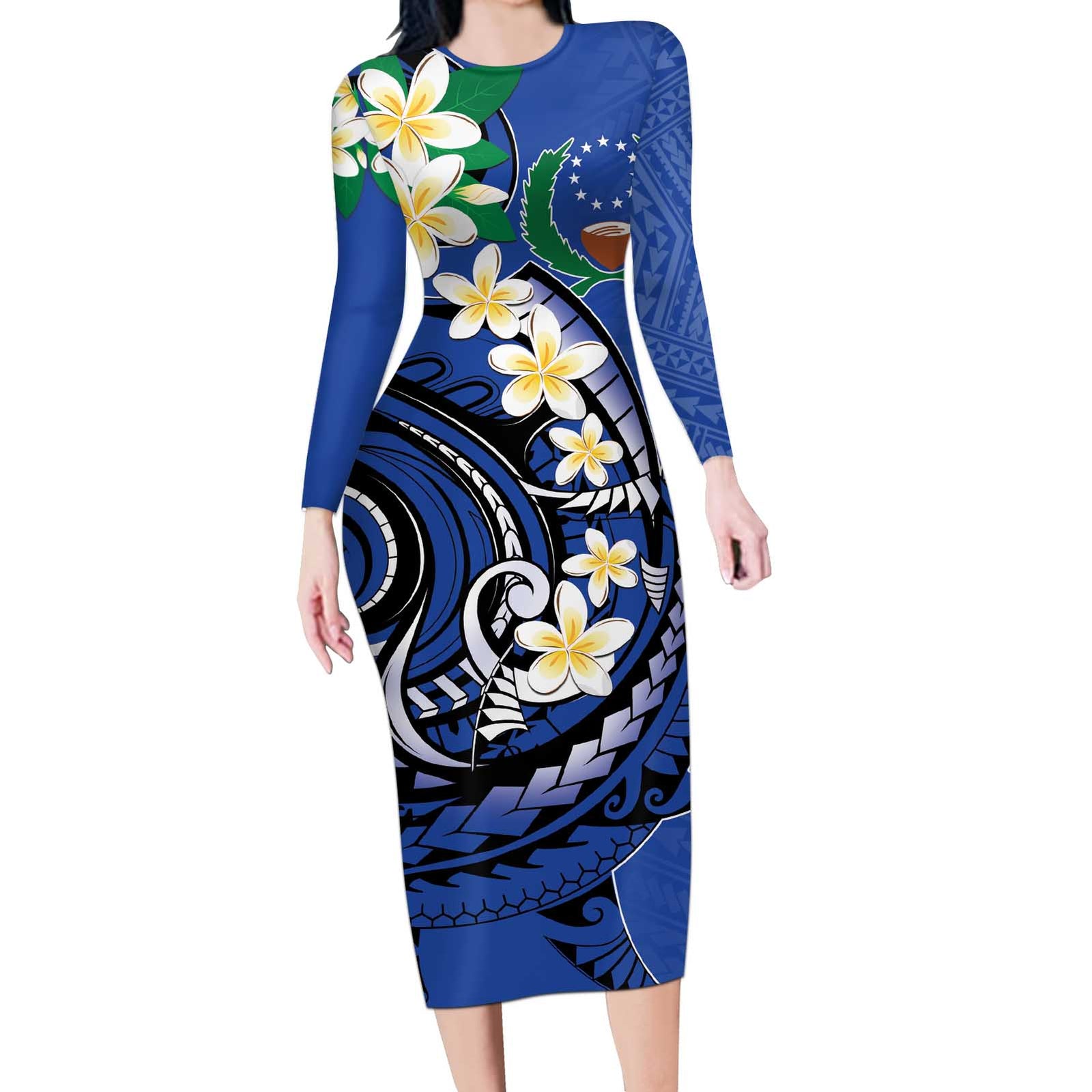 FSM Pohnpei Polynesian Shark Tattoo Personalised Long Sleeve Bodycon Dress LT9 Long Dress Blue - Polynesian Pride