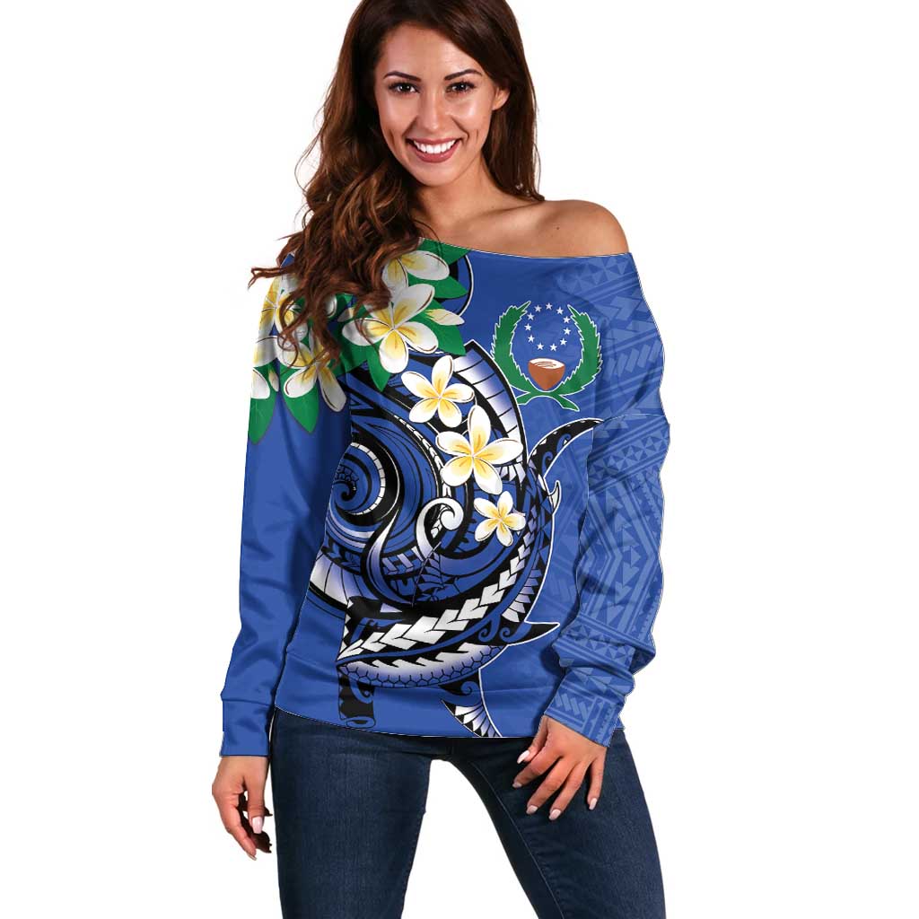 FSM Pohnpei Polynesian Shark Tattoo Personalised Off Shoulder Sweater LT9 Women Blue - Polynesian Pride