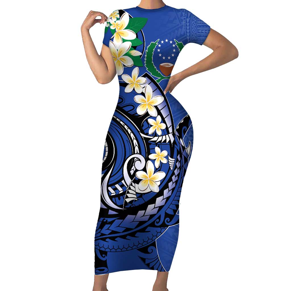 FSM Pohnpei Polynesian Shark Tattoo Personalised Short Sleeve Bodycon Dress LT9 Long Dress Blue - Polynesian Pride
