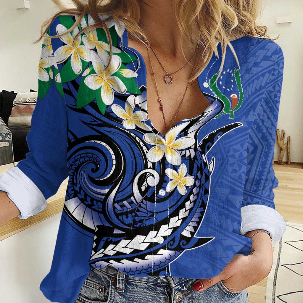 FSM Pohnpei Polynesian Shark Tattoo Personalised Women Casual Shirt LT9 Female Blue - Polynesian Pride