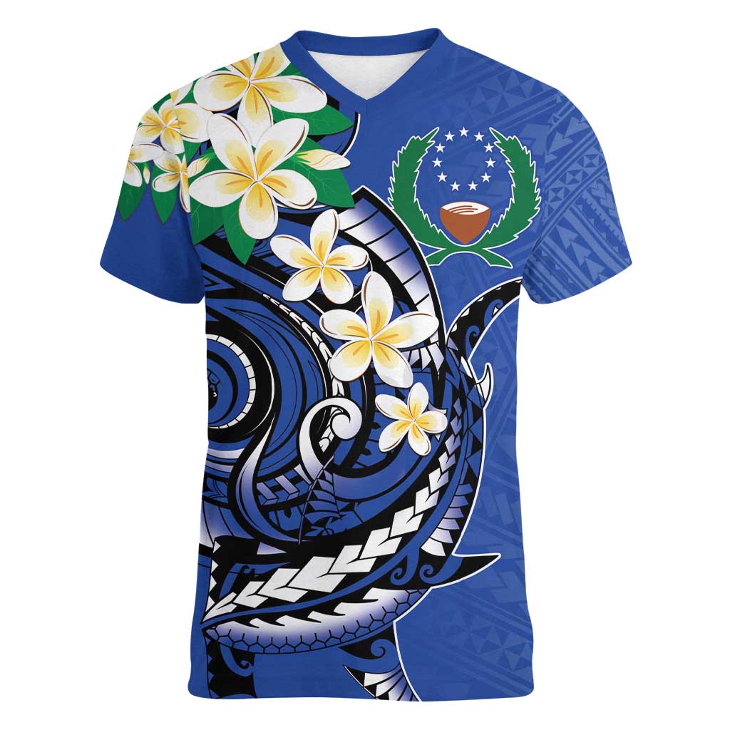 FSM Pohnpei Polynesian Shark Tattoo Personalised Women V-Neck T-Shirt LT9 Female Blue - Polynesian Pride