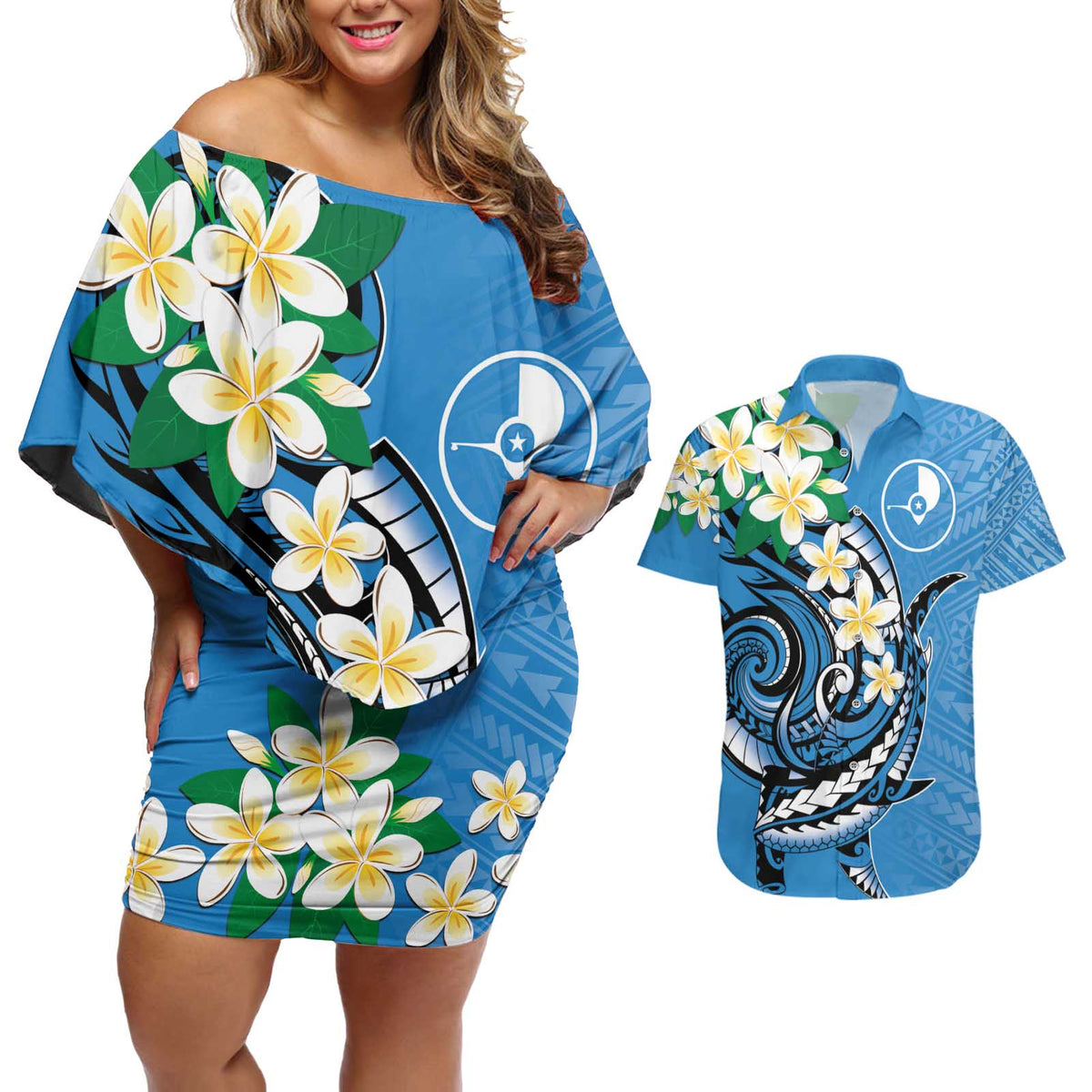FSM Yap State Polynesian Shark Tattoo Personalised Couples Matching Off Shoulder Short Dress and Hawaiian Shirt LT9 Blue - Polynesian Pride