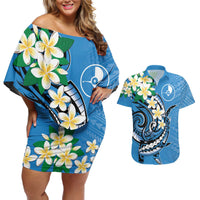 FSM Yap State Polynesian Shark Tattoo Personalised Couples Matching Off Shoulder Short Dress and Hawaiian Shirt LT9 Blue - Polynesian Pride