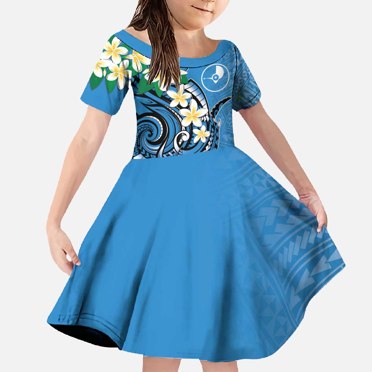 FSM Yap State Polynesian Shark Tattoo Personalised Family Matching Off The Shoulder Long Sleeve Dress and Hawaiian Shirt LT9 Daughter's Dress Blue - Polynesian Pride