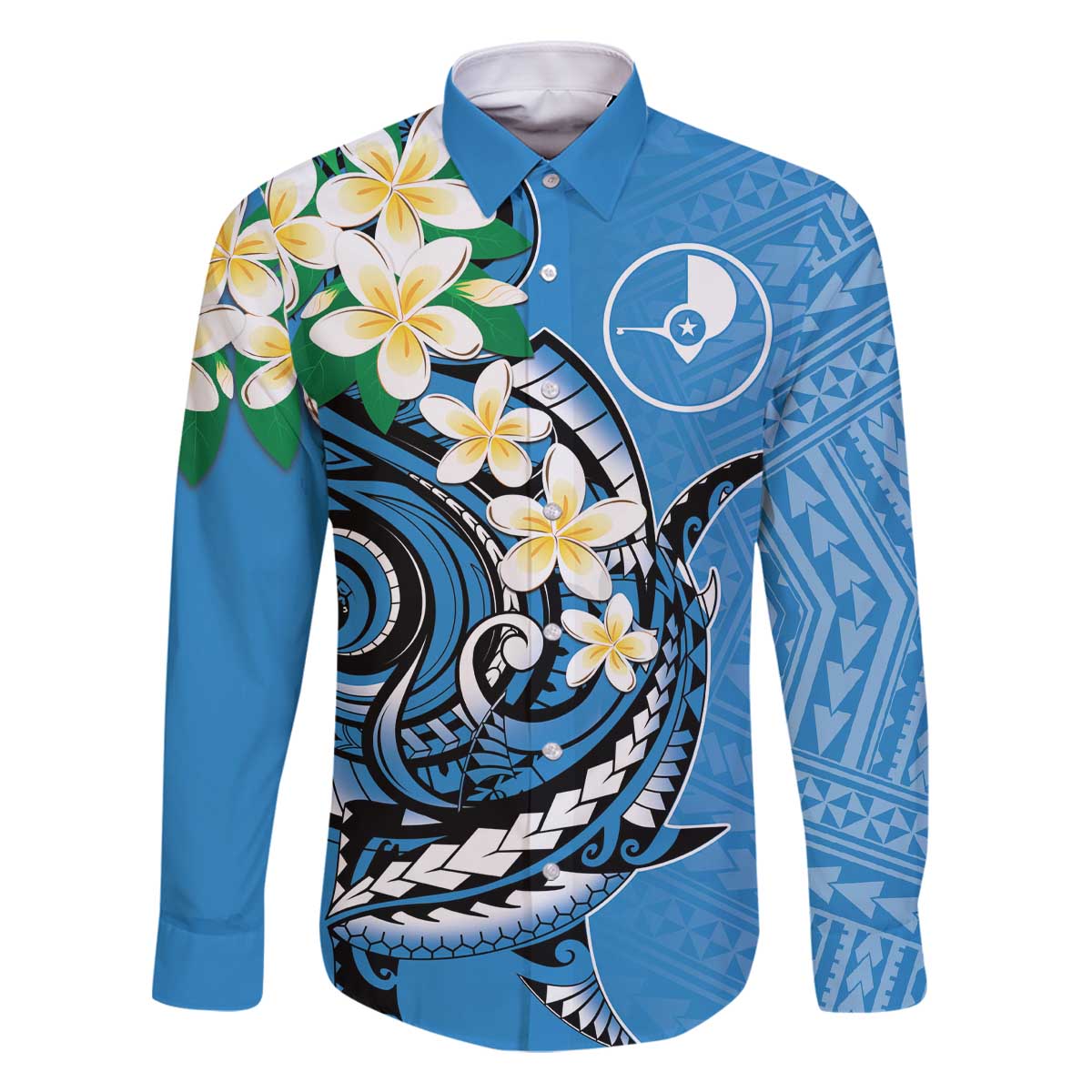 FSM Yap State Polynesian Shark Tattoo Personalised Family Matching Off The Shoulder Long Sleeve Dress and Hawaiian Shirt LT9 Dad's Shirt - Long Sleeve Blue - Polynesian Pride