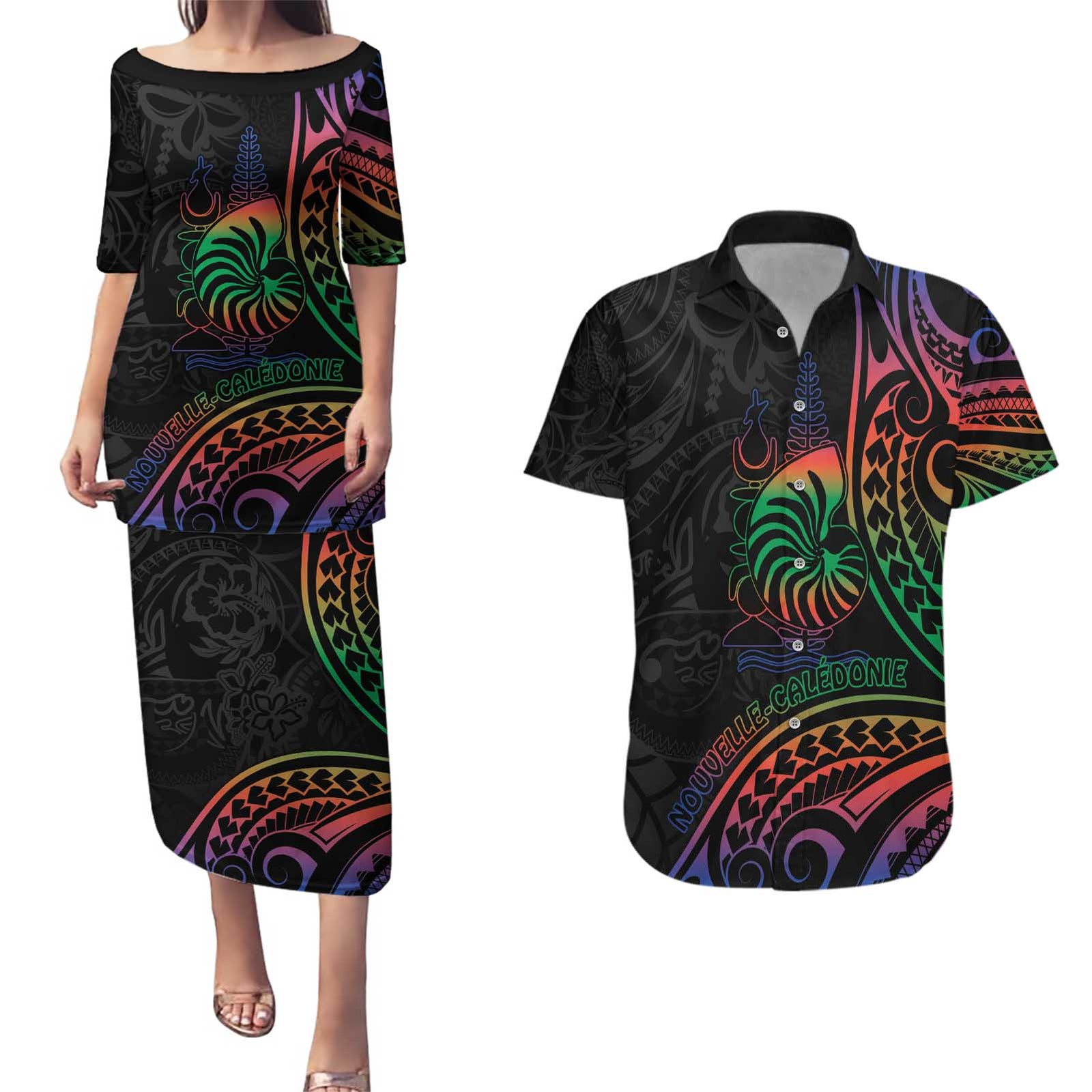New Caledonia Polynesian Tatoo Personalised Couples Matching Puletasi and Hawaiian Shirt LT9 Black - Polynesian Pride