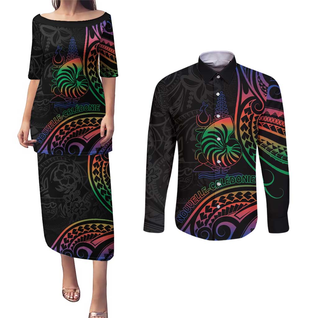 New Caledonia Polynesian Tatoo Personalised Couples Matching Puletasi and Long Sleeve Button Shirt LT9 Black - Polynesian Pride