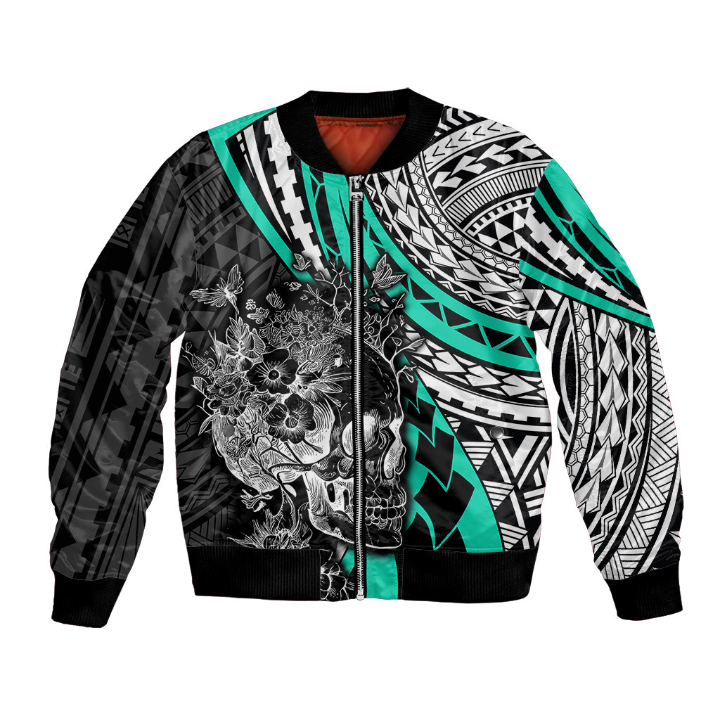 Personalised Polynesia Skull Bomber Jacket Tattoo In The Style Of Maori With Marine Life Aqua LT9 Unisex Aqua - Polynesian Pride