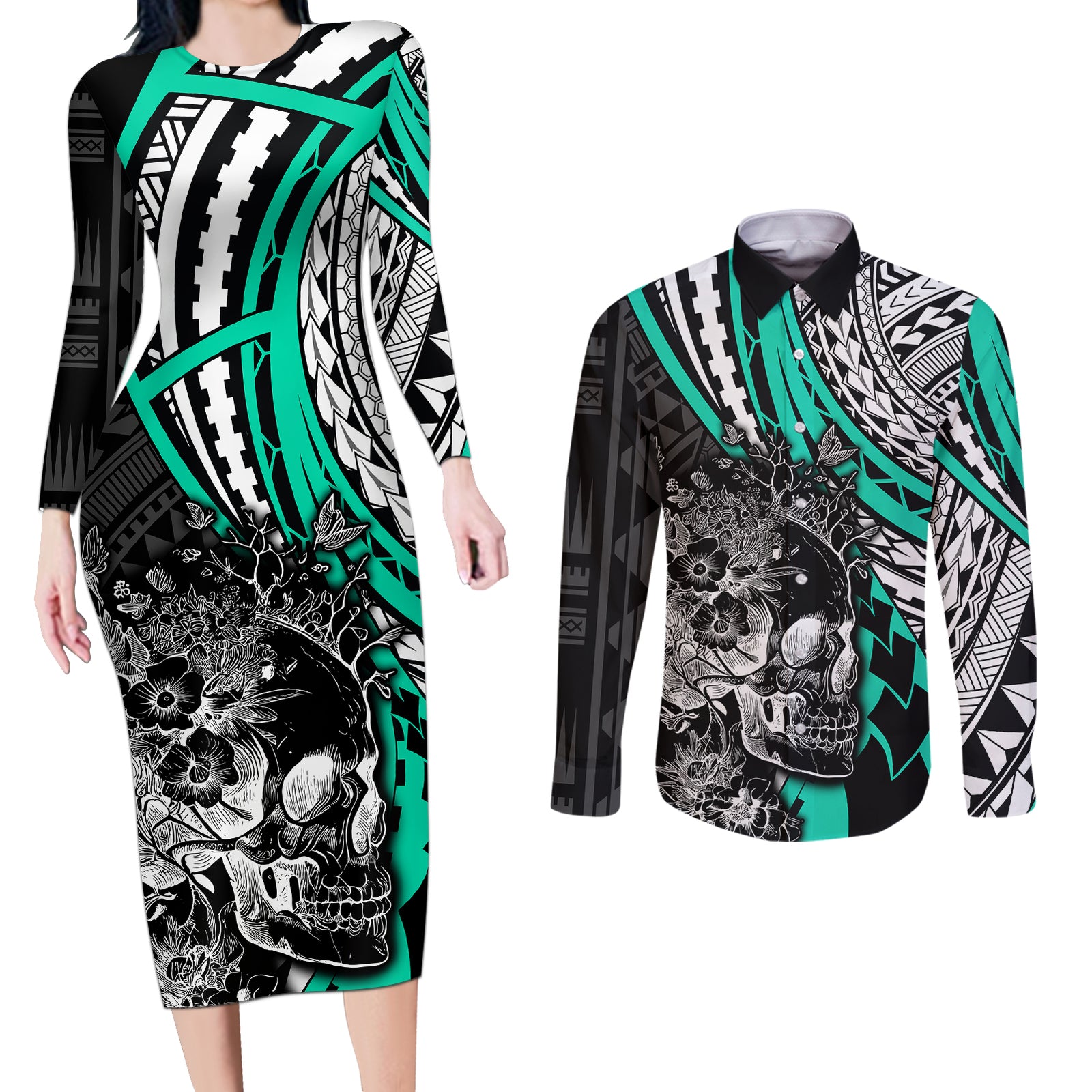 Personalised Polynesia Skull Couples Matching Long Sleeve Bodycon Dress and Long Sleeve Button Shirts Tattoo In The Style Of Maori With Marine Life Aqua LT9 Aqua - Polynesian Pride