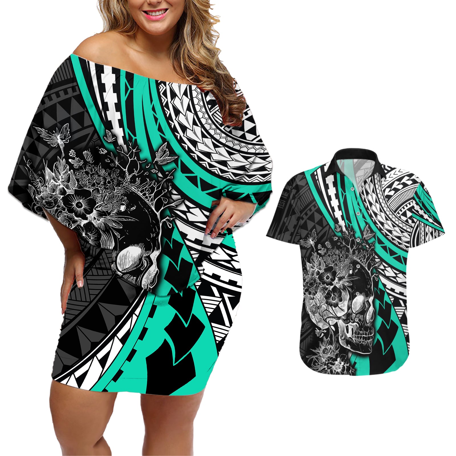 personalised-polynesia-skull-couples-matching-off-shoulder-short-dress-and-hawaiian-shirt-tattoo-in-the-style-of-maori-with-marine-life-aqua