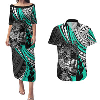 personalised-polynesia-skull-couples-matching-puletasi-dress-and-hawaiian-shirt-tattoo-in-the-style-of-maori-with-marine-life-aqua