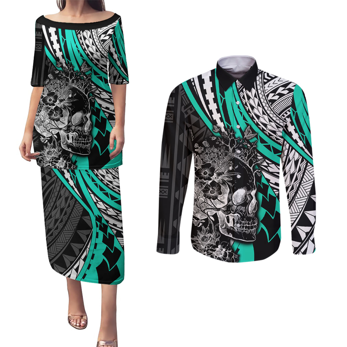 personalised-polynesia-skull-couples-matching-puletasi-dress-and-long-sleeve-button-shirts-tattoo-in-the-style-of-maori-with-marine-life-aqua