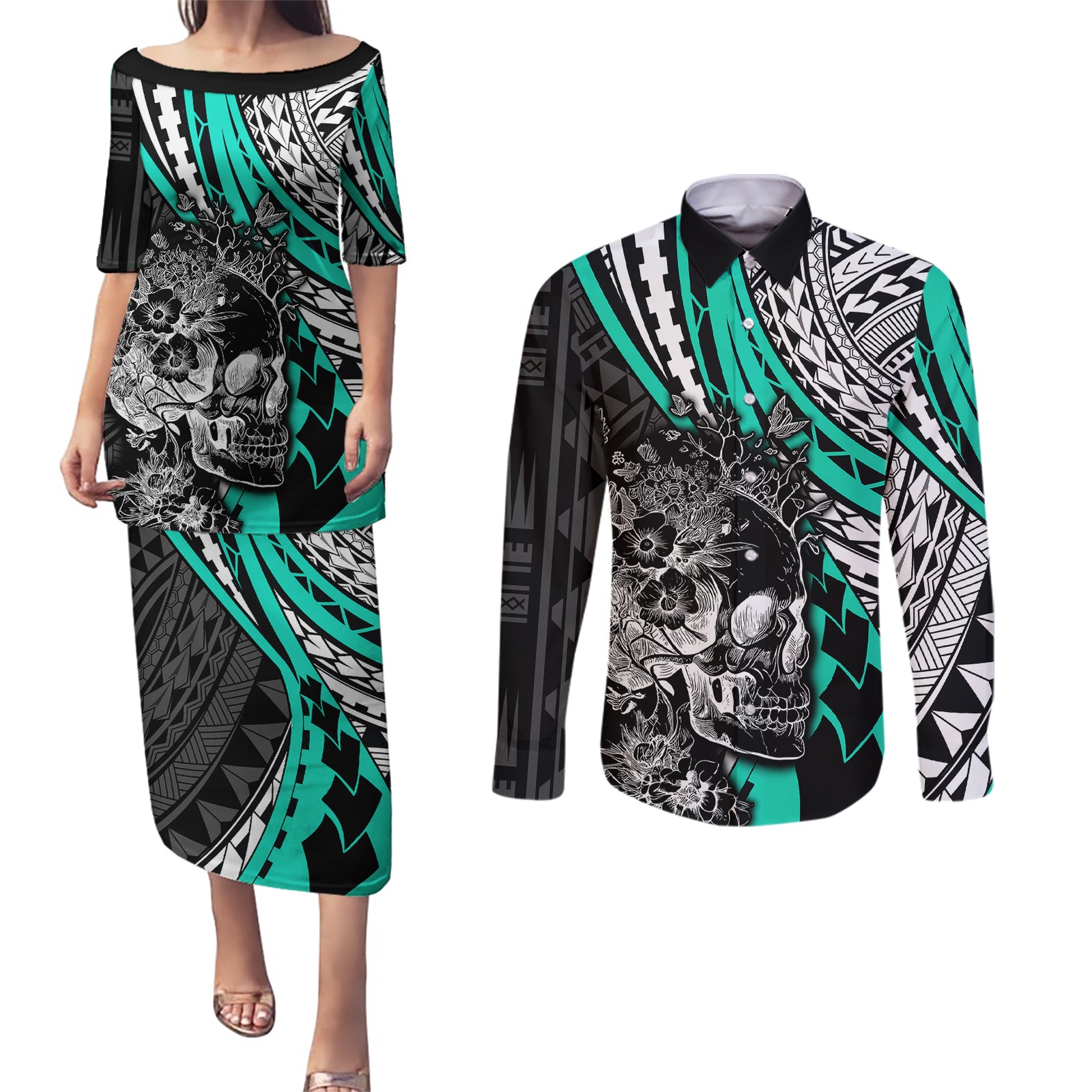 Personalised Polynesia Skull Couples Matching Puletasi Dress and Long Sleeve Button Shirts Tattoo In The Style Of Maori With Marine Life Aqua LT9 Aqua - Polynesian Pride