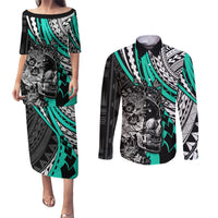 personalised-polynesia-skull-couples-matching-puletasi-dress-and-long-sleeve-button-shirts-tattoo-in-the-style-of-maori-with-marine-life-aqua