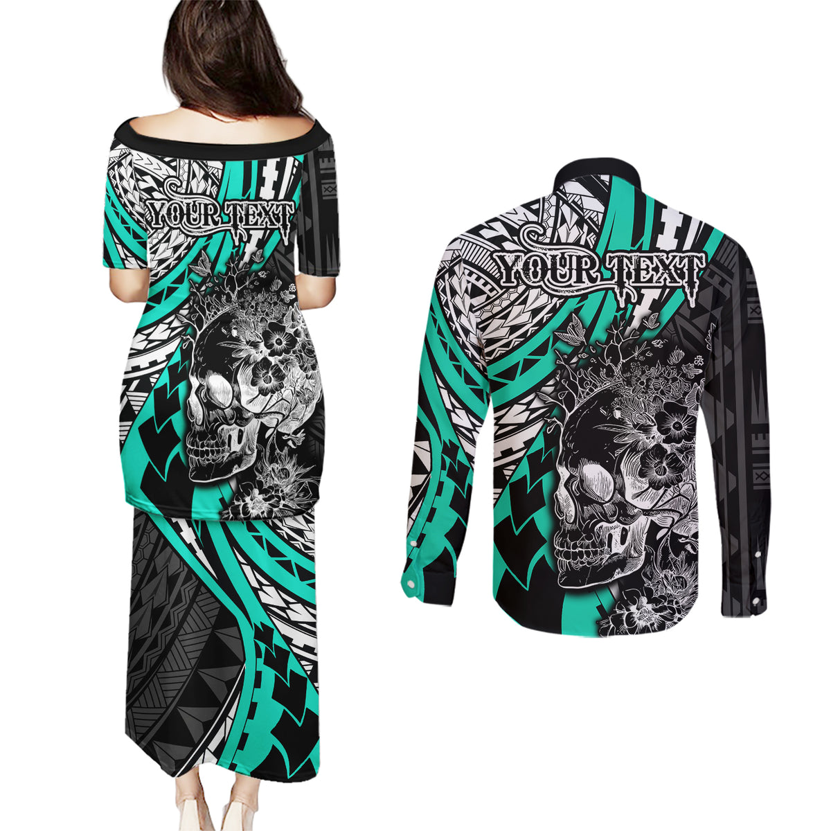 personalised-polynesia-skull-couples-matching-puletasi-dress-and-long-sleeve-button-shirts-tattoo-in-the-style-of-maori-with-marine-life-aqua