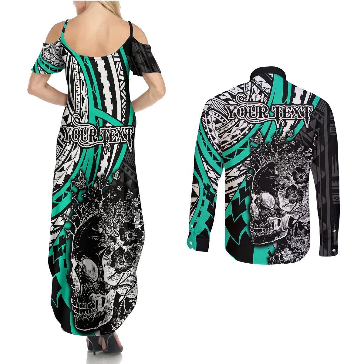personalised-polynesia-skull-couples-matching-summer-maxi-dress-and-long-sleeve-button-shirts-tattoo-in-the-style-of-maori-with-marine-life-aqua